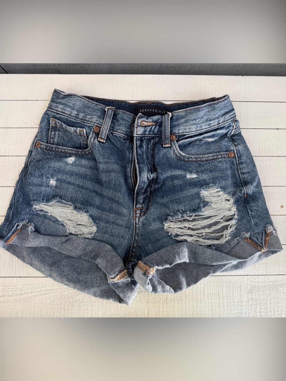 Aeropostale Mom Short Distressed Blue Denim Jean Shorts